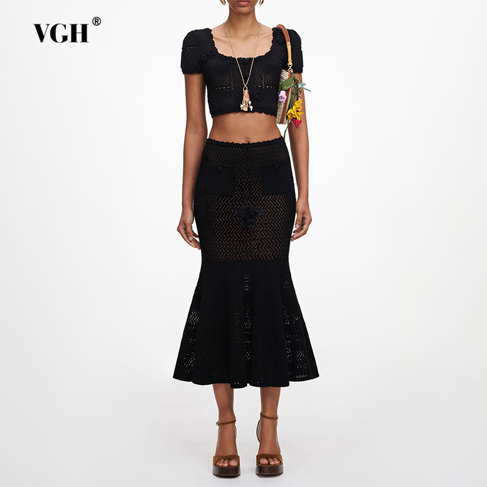 Crop Top Crochet - VGH Set Dua Potong Rajutan Berongga