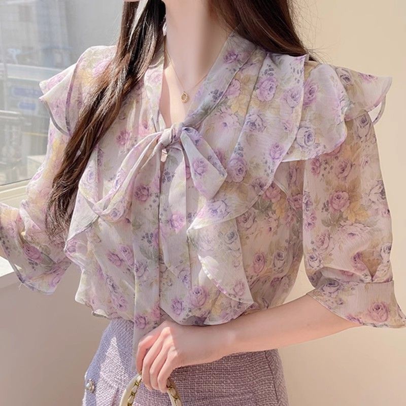 Romper Floral Print - Blus bermotif ujung ruffle musim panas