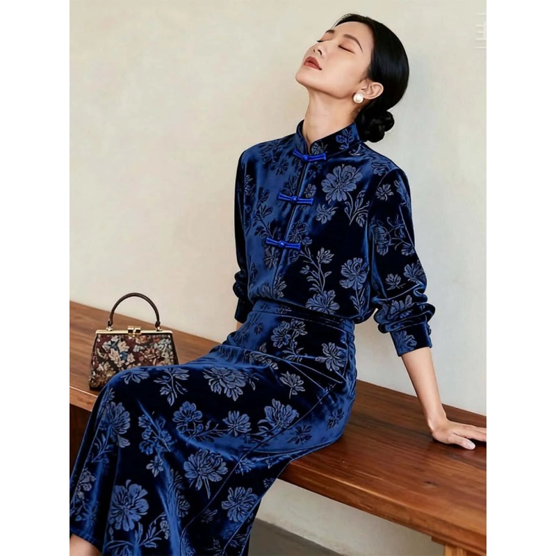 Midi Skirt Floral - Setelan Dua Potong Wanita Gaya Cina