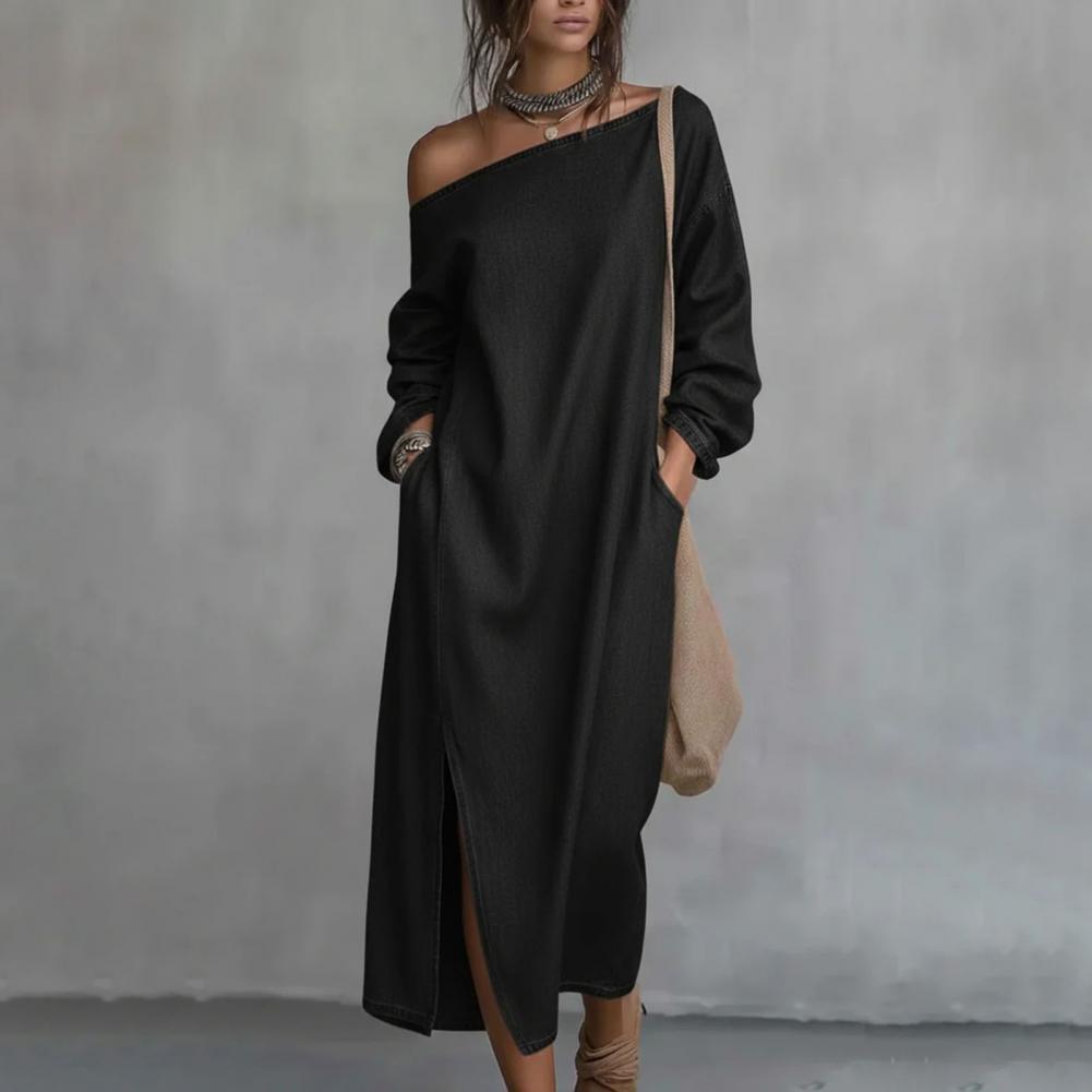 Linen Dress Wrap - Gaun Maxi Wanita Satu Bahu Lengan