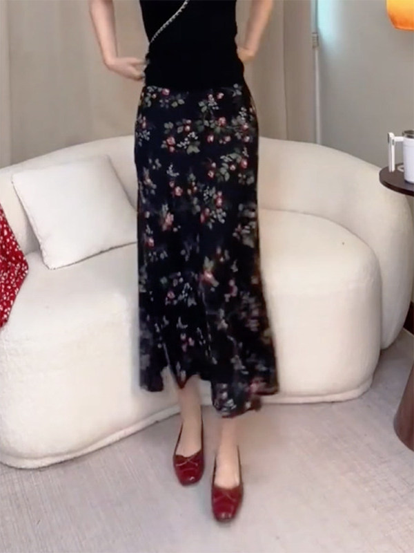 Rok Midi A-Line Motif Bunga Pi - Midi Skirt Floral ulasan dan harga