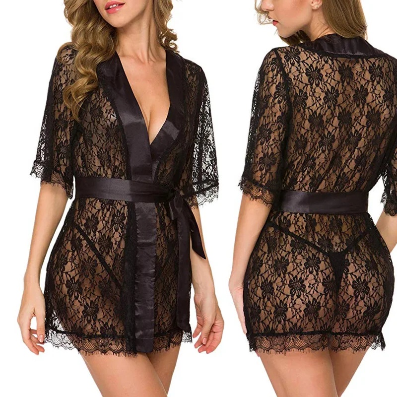 Gaun Tidur Lingerie V-Neck Ber - Kimono Sheer Floral ulasan dan harga